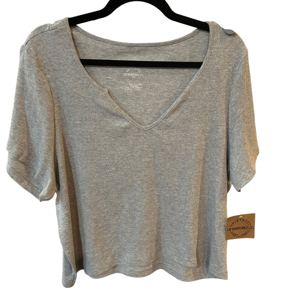 One Step Up Ribbed Knit Top V-Neck‎ Short Sleeve Casual Comfy Heather Gray 3X
